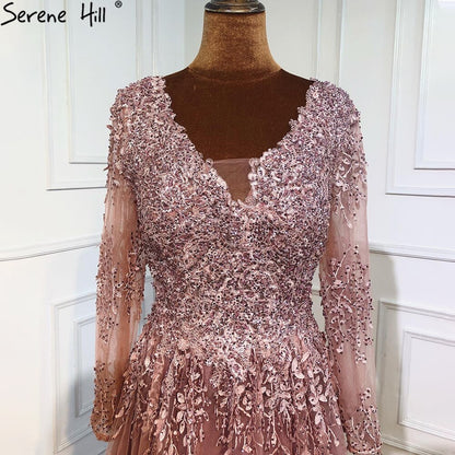Serene Hill Muslim Pink Luxury Evening Dresses Gowns 2025 Long Sleeves Crystal A-Line For Women Party LA70729 - SERENE HILL