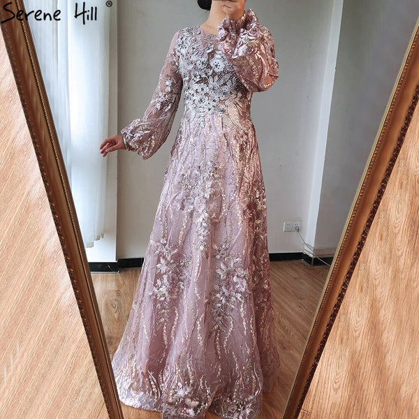 Serene Hill Muslim Pink Luxury Evening Gowns 2025 Flowers Crytsal Long Lantern Sleeves Formal Dress Design LA70779