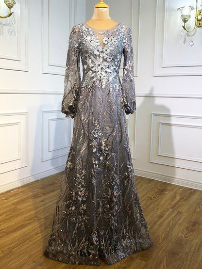 Serene Hill Muslim Pink Luxury Evening Gowns 2025 Flowers Crytsal Long Lantern Sleeves Formal Dress Design LA70779 - SERENE HILL