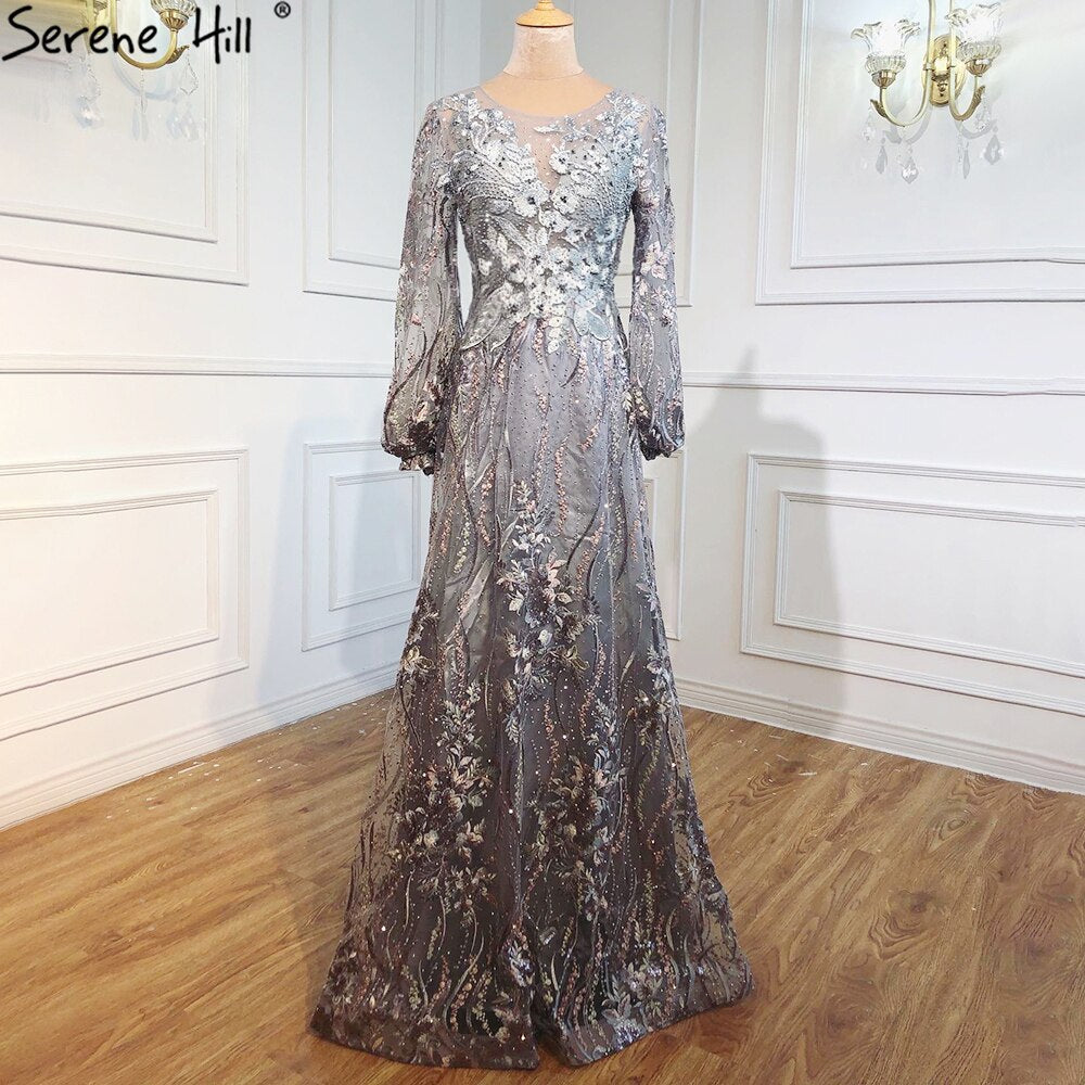 Serene Hill Muslim Pink Luxury Evening Gowns 2025 Flowers Crytsal Long Lantern Sleeves Formal Dress Design LA70779 - SERENE HILL