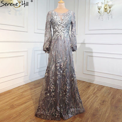 Serene Hill Muslim Pink Luxury Evening Gowns 2025 Flowers Crytsal Long Lantern Sleeves Formal Dress Design LA70779 - SERENE HILL