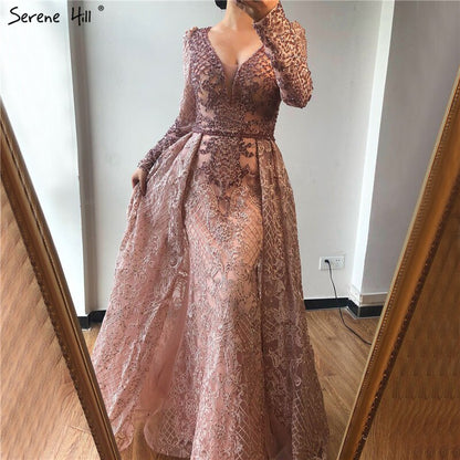 Serene Hill Muslim Pink Mermaid Elegant Luxury With Train Evening Party Wear Dresses Gowns 2025 For Women Plus Size LA70159 - SERENE HILL