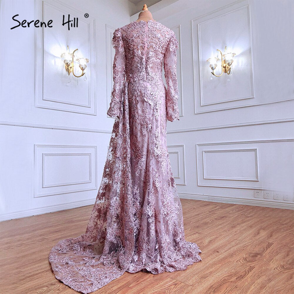 Luxury Muslim Pink Lace Evening Dresses With Overskirt Long Sleeve LA71164 Pink / 10