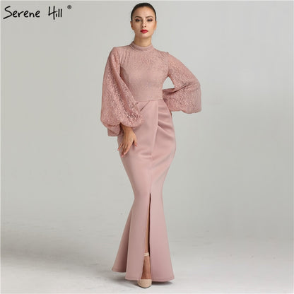 On Sale No Return No Refund Sale Serene Hill Muslim Pink Mermaid Lantern Sleeves Evening Dresses Gowns 2025 Split Elegant For Woman Party QA8002 - SERENE HILL