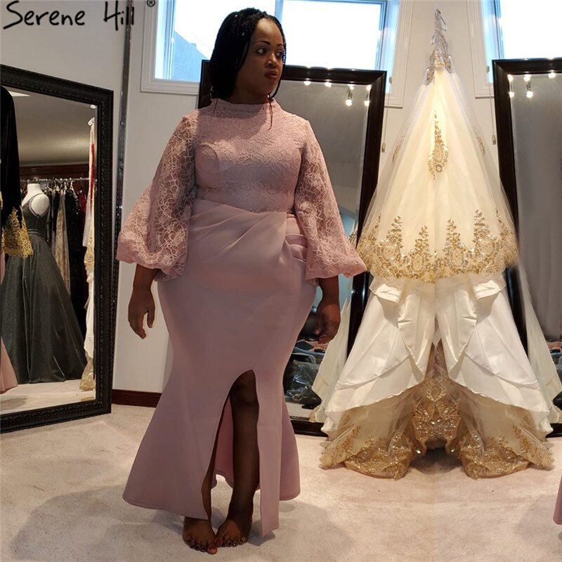 On Sale No Return No Refund Sale Serene Hill Muslim Pink Mermaid Lantern Sleeves Evening Dresses Gowns 2025 Split Elegant For Woman Party QA8002 - SERENE HILL