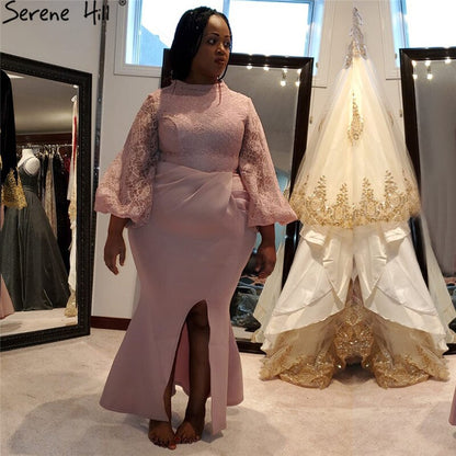 On Sale No Return No Refund Sale Serene Hill Muslim Pink Mermaid Lantern Sleeves Evening Dresses Gowns 2025 Split Elegant For Woman Party QA8002 - SERENE HILL