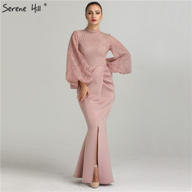 On Sale No Return No Refund Sale Serene Hill Muslim Pink Mermaid Lantern Sleeves Evening Dresses Gowns 2025 Split Elegant For Woman Party QA8002 - SERENE HILL