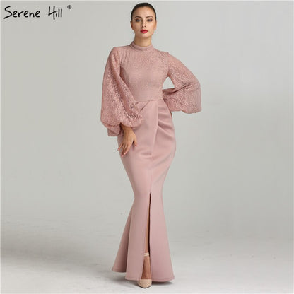On Sale No Return No Refund Sale Serene Hill Muslim Pink Mermaid Lantern Sleeves Evening Dresses Gowns 2025 Split Elegant For Woman Party QA8002 - SERENE HILL