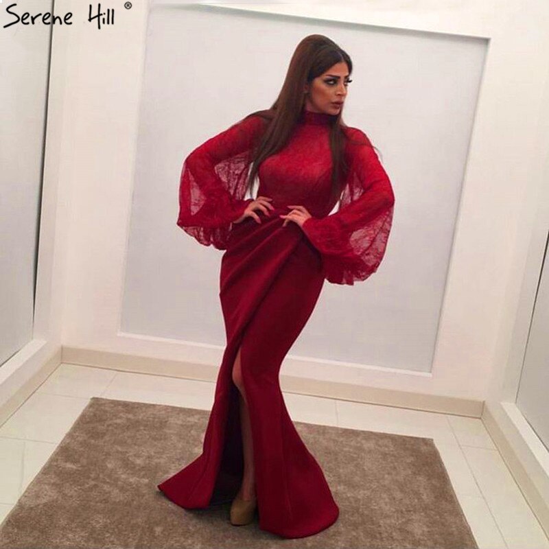 On Sale No Return No Refund Sale Serene Hill Muslim Pink Mermaid Lantern Sleeves Evening Dresses Gowns 2025 Split Elegant For Woman Party QA8002 - SERENE HILL