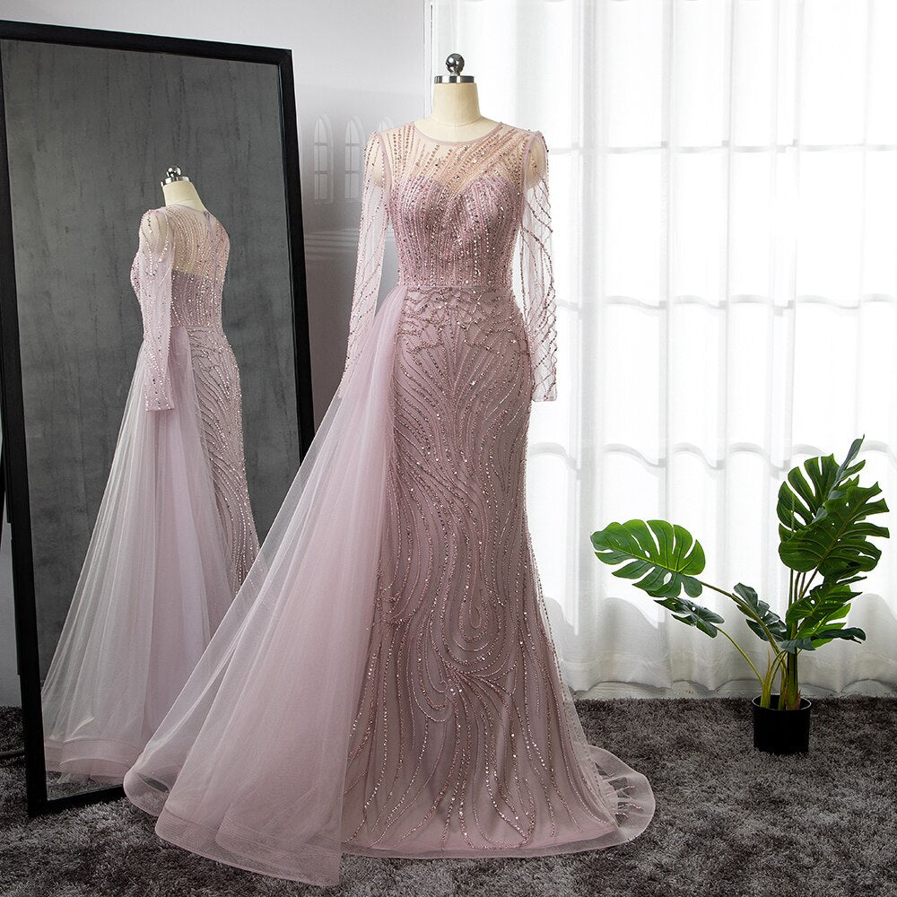 Serene Hill Pink Mermaid With Skirt Long Evening Dresses Gowns 2025 O-Neck Elegant Beaded Luxury For Women Party LA71673 - SERENE HILL