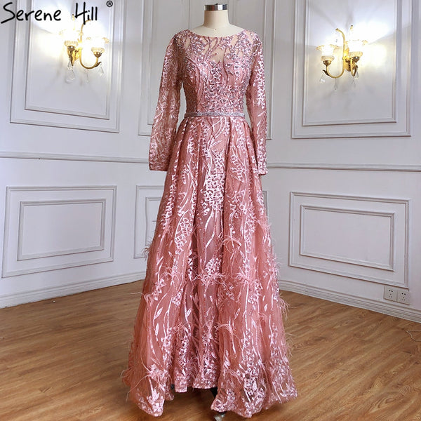 Serene Hill Muslim Pink Overskirt Mermaid Evening Dresses Gowns 2025 Beaded Feather Luxury For Woman Party LA71434