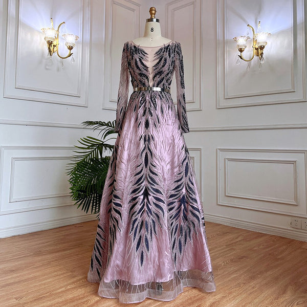 Serene Hill Muslim Purple A Line Lace Beaded Arabic Luxury Evening Dresses Gowns 2025 For Women Wedding Party LA71930