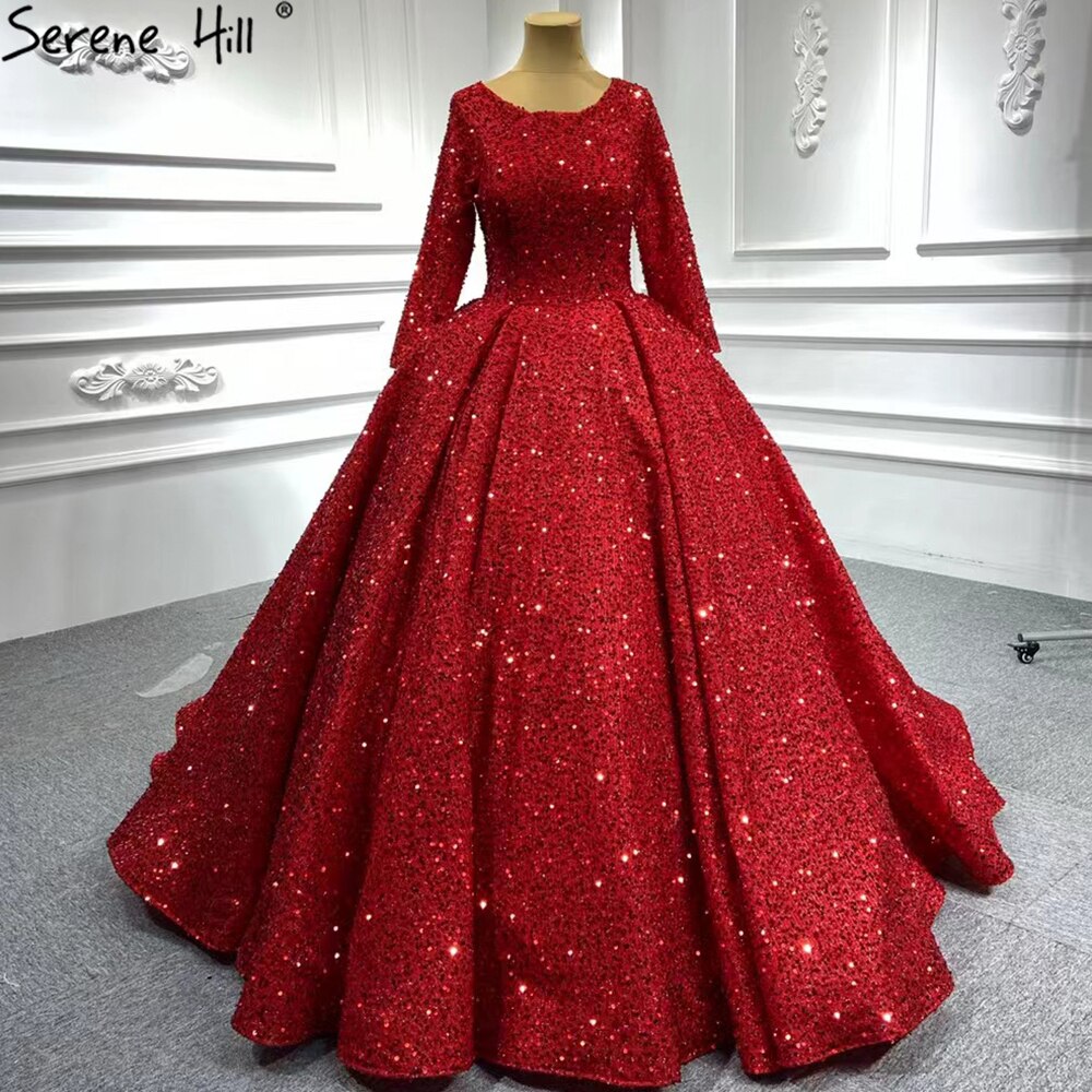 Serene Hill Muslim Red Luxury Wedding Dresses 2025 Sparkle Beaded Long Sleeves Bridal Gowns HA2513 Custom Made - SERENE HILL