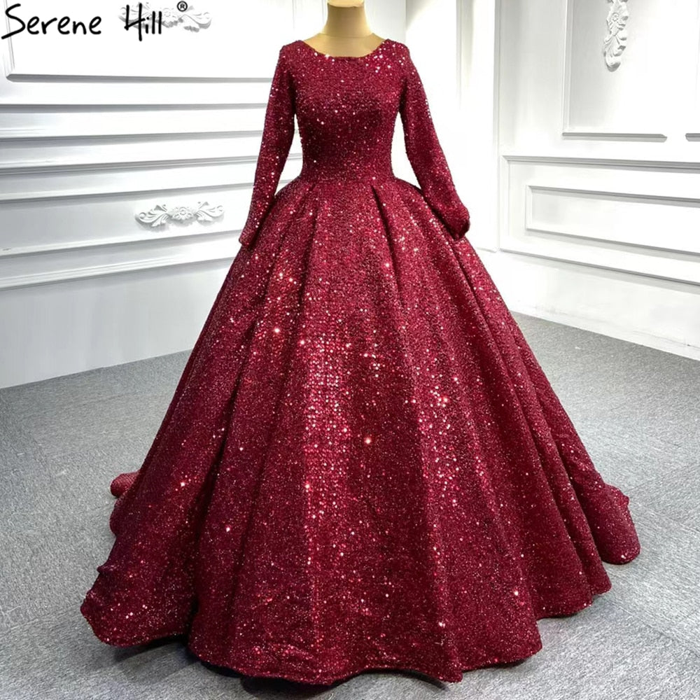 Serene Hill Muslim Red Luxury Wedding Dresses 2025 Sparkle Beaded Long Sleeves Bridal Gowns HA2513 Custom Made - SERENE HILL