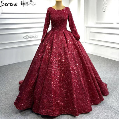 Serene Hill Muslim Red Luxury Wedding Dresses 2025 Sparkle Beaded Long Sleeves Bridal Gowns HA2513 Custom Made - SERENE HILL