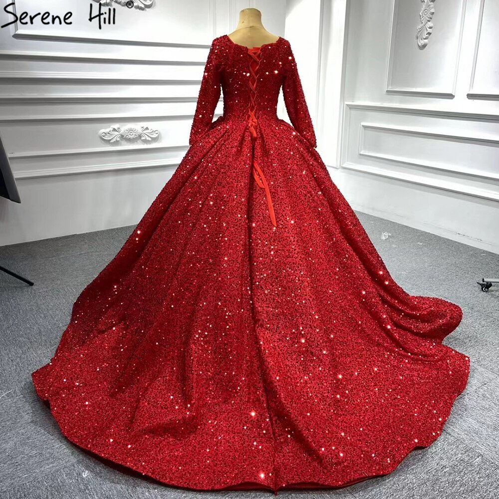 Serene Hill Muslim Red Luxury Wedding Dresses 2025 Sparkle Beaded Long Sleeves Bridal Gowns HA2513 Custom Made - SERENE HILL