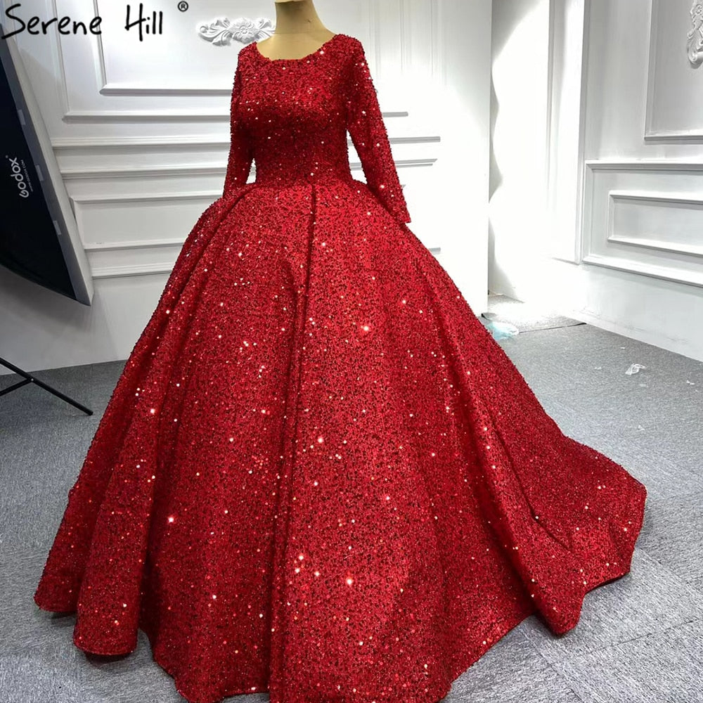 Serene Hill Muslim Red Luxury Wedding Dresses 2025 Sparkle Beaded Long Sleeves Bridal Gowns HA2513 Custom Made - SERENE HILL