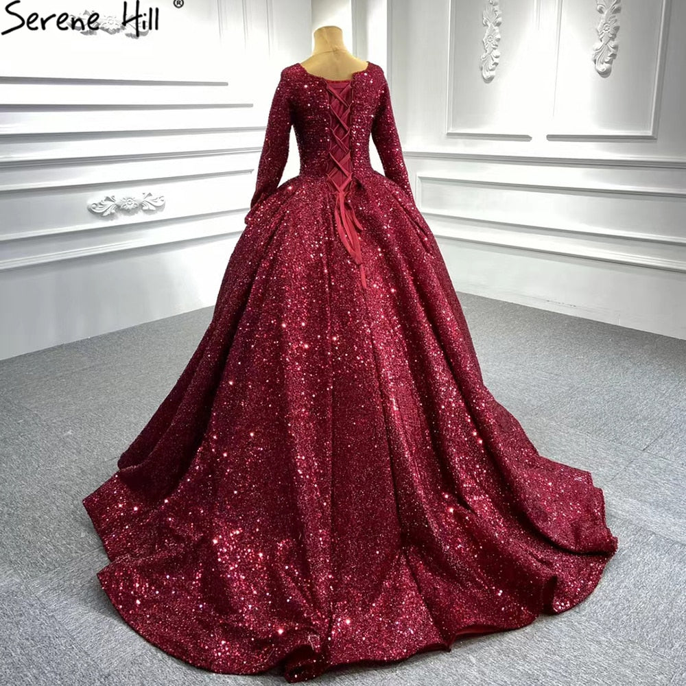 Serene Hill Muslim Red Luxury Wedding Dresses 2025 Sparkle Beaded Long Sleeves Bridal Gowns HA2513 Custom Made - SERENE HILL