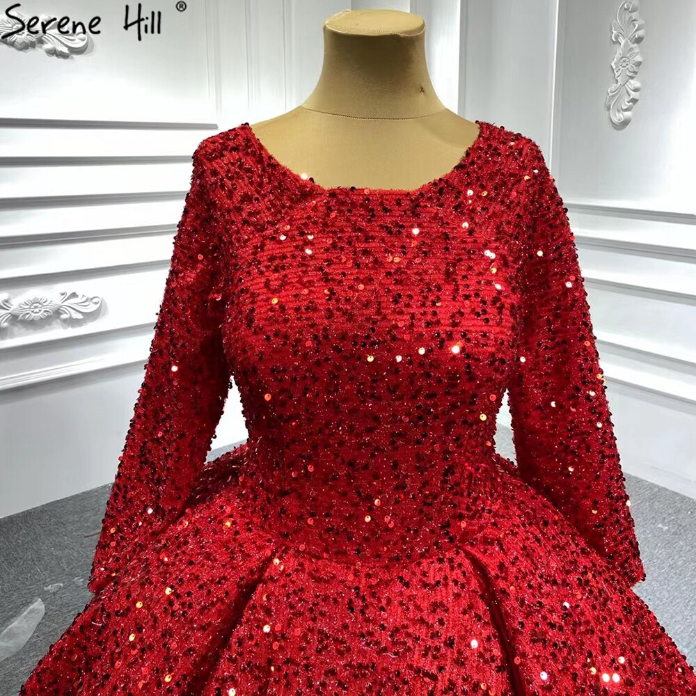 Serene Hill Muslim Red Luxury Wedding Dresses 2025 Sparkle Beaded Long Sleeves Bridal Gowns HA2513 Custom Made - SERENE HILL