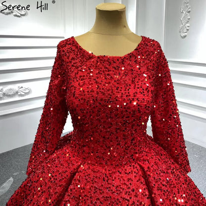 Serene Hill Muslim Red Luxury Wedding Dresses 2025 Sparkle Beaded Long Sleeves Bridal Gowns HA2513 Custom Made - SERENE HILL
