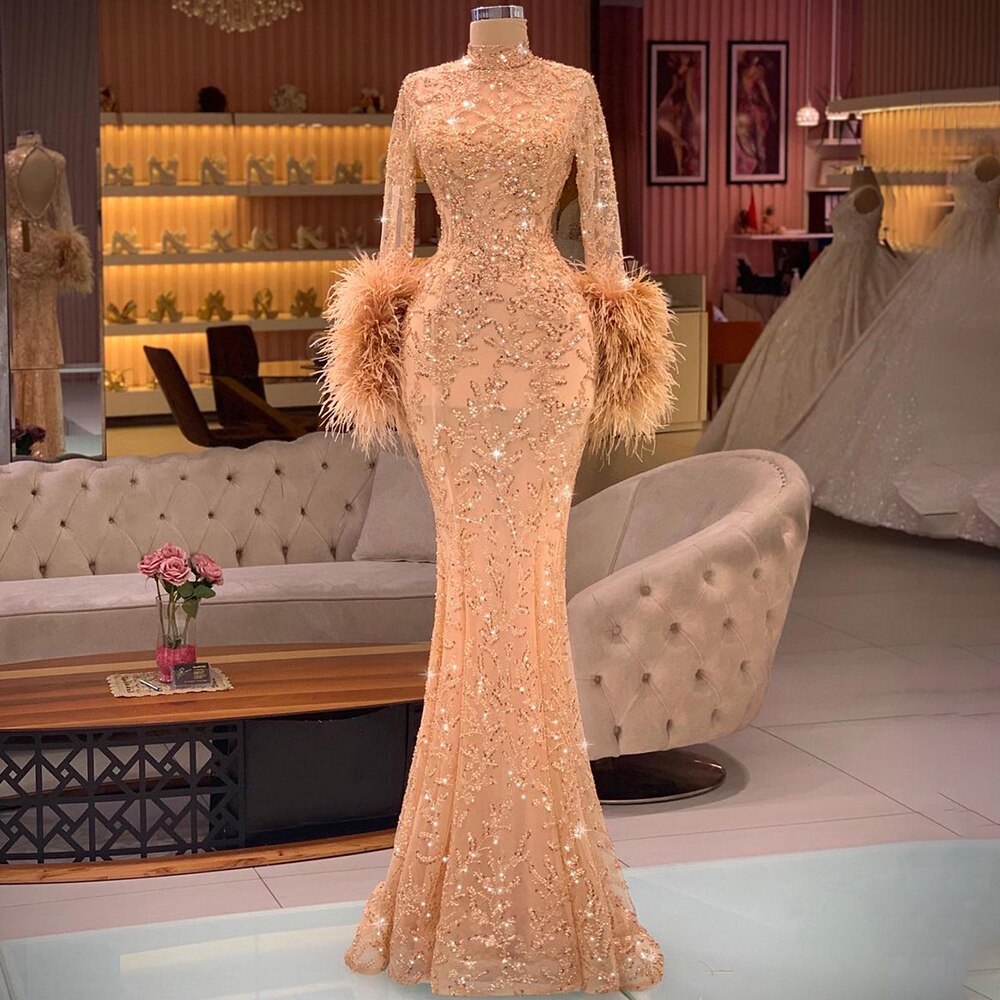 Serene Hill Muslim Rose Gold Elegant Evening Dresses Gowns 2025 Feather Beaded Mermaid Luxury For Women Party LA71514 - SERENE HILL