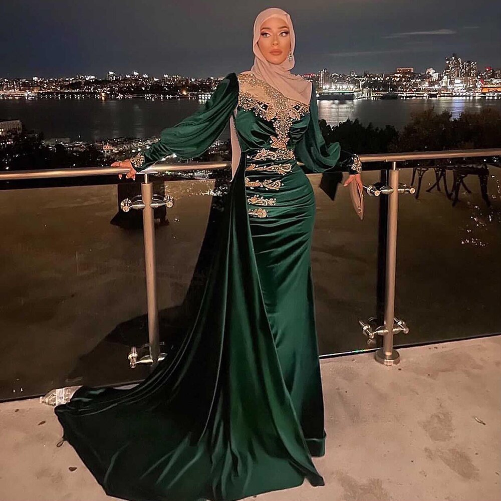 Serene Hill Muslim Satin Green Mermaid Evening Dresses Gowns 2025 Beaded Elegant Overskirt For Women Party LA71532 - SERENE HILL