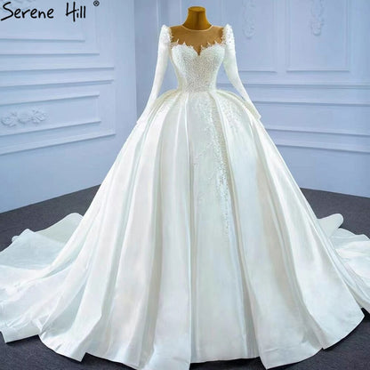 Serene Hill Muslim Satin White Luxury Wedding Dresses 2025 Beading Pearls Ball Gown Bridal Dress HM67259 Custom Made - SERENE HILL