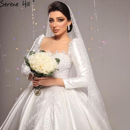 Serene Hill Muslim Satin White Luxury Wedding Dresses 2025 Beading Pearls Ball Gown Bridal Dress HM67259 Custom Made - SERENE HILL