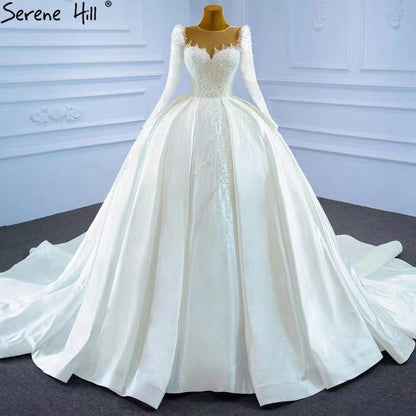 Serene Hill Muslim Satin White Luxury Wedding Dresses 2025 Beading Pearls Ball Gown Bridal Dress HM67259 Custom Made - SERENE HILL