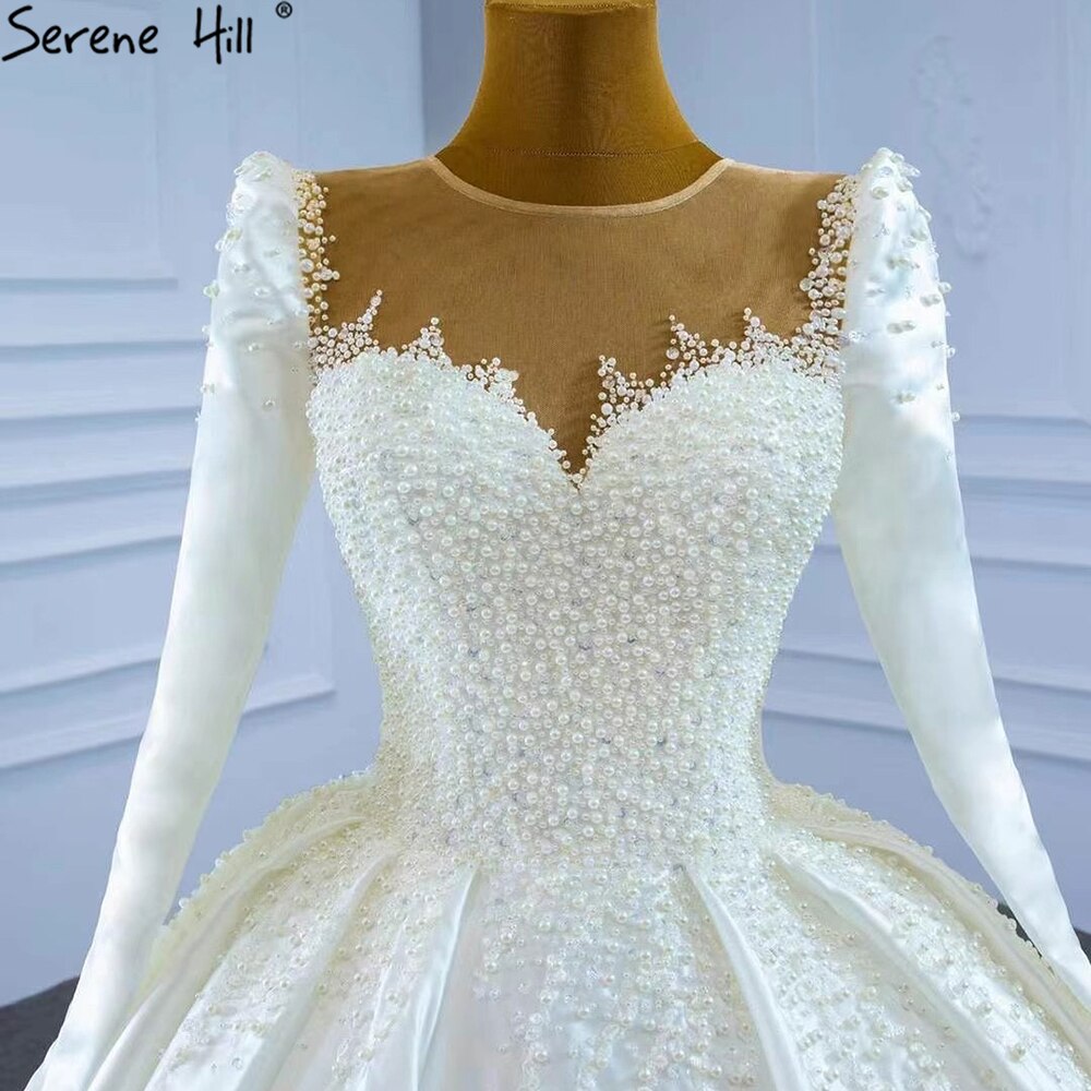 Serene Hill Muslim Satin White Luxury Wedding Dresses 2025 Beading Pearls Ball Gown Bridal Dress HM67259 Custom Made - SERENE HILL