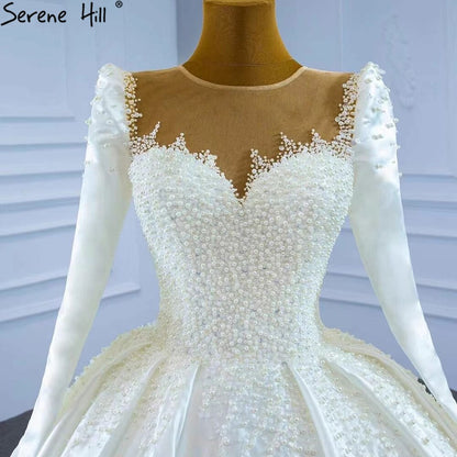 Serene Hill Muslim Satin White Luxury Wedding Dresses 2025 Beading Pearls Ball Gown Bridal Dress HM67259 Custom Made - SERENE HILL