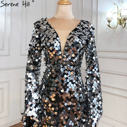 On Sale no return no refundSerene Hill Muslim Silver Mermaid Evening Dresses Gowns 2025 Flare Sleeves Elegant For Women Party LA70650 - SERENE HILL