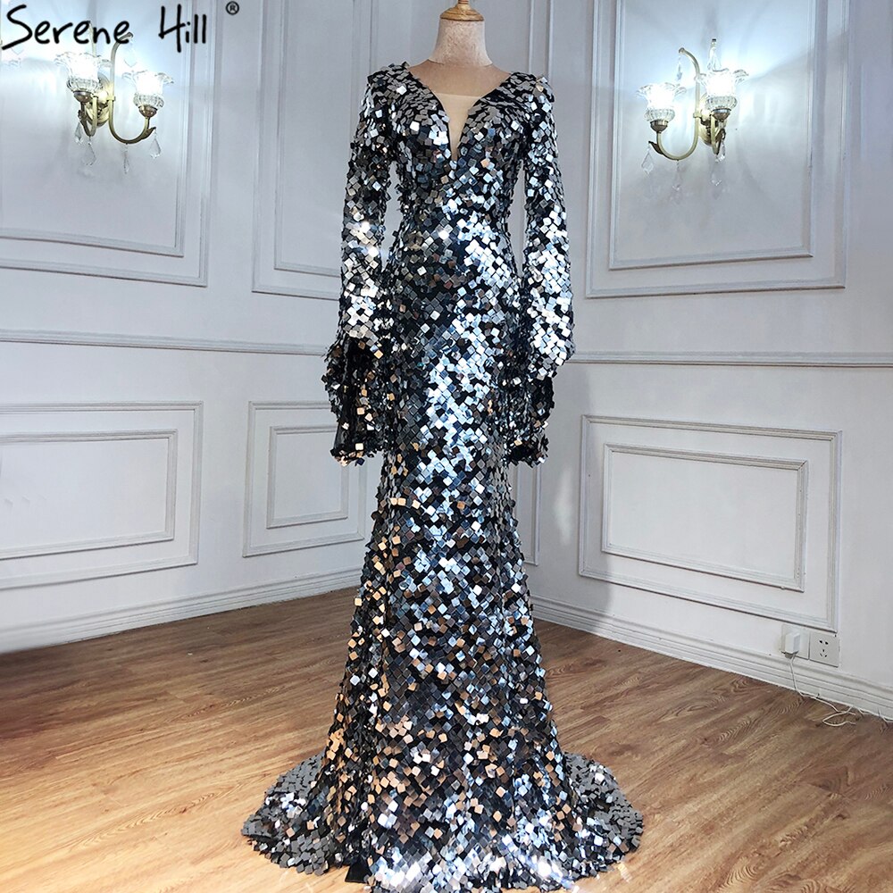 On Sale no return no refundSerene Hill Muslim Silver Mermaid Evening Dresses Gowns 2025 Flare Sleeves Elegant For Women Party LA70650 - SERENE HILL