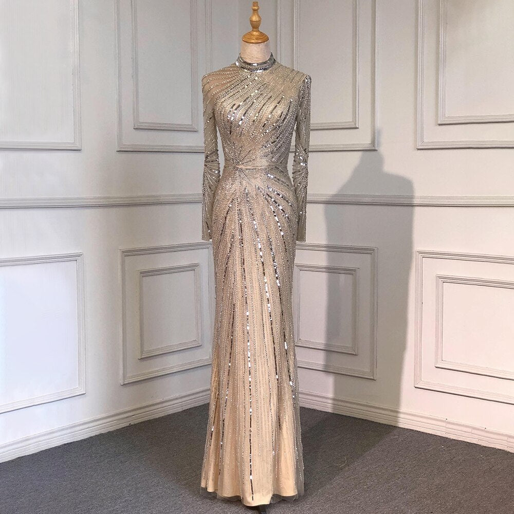 Serene Hill Muslim Sliver Nude Elegant Mermaid High Neck Evening Dresses Gowns Beaded Luxury 2025 For Women Party LA71735 - SERENE HILL