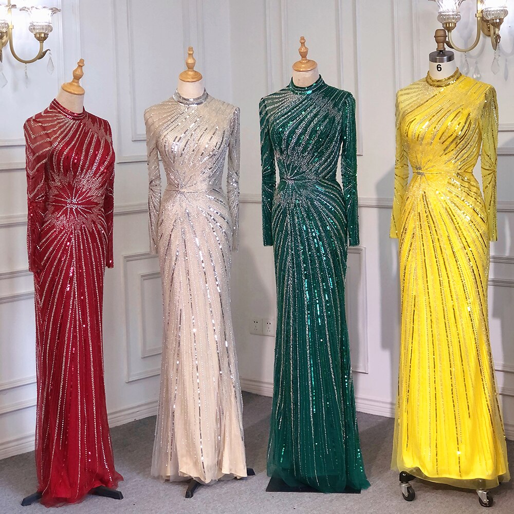 Serene Hill Muslim Sliver Nude Elegant Mermaid High Neck Evening Dresses Gowns Beaded Luxury 2025 For Women Party LA71735 - SERENE HILL