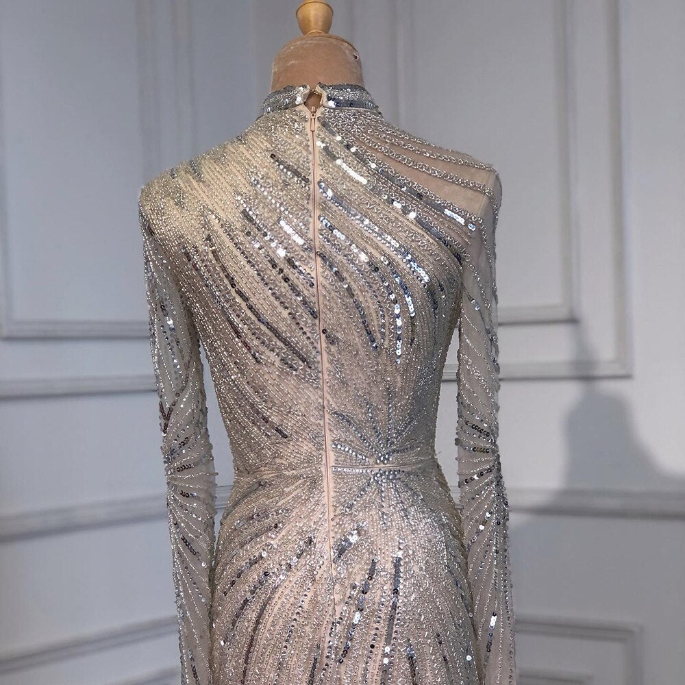 Serene Hill Muslim Sliver Nude Elegant Mermaid High Neck Evening Dresses Gowns Beaded Luxury 2025 For Women Party LA71735 - SERENE HILL
