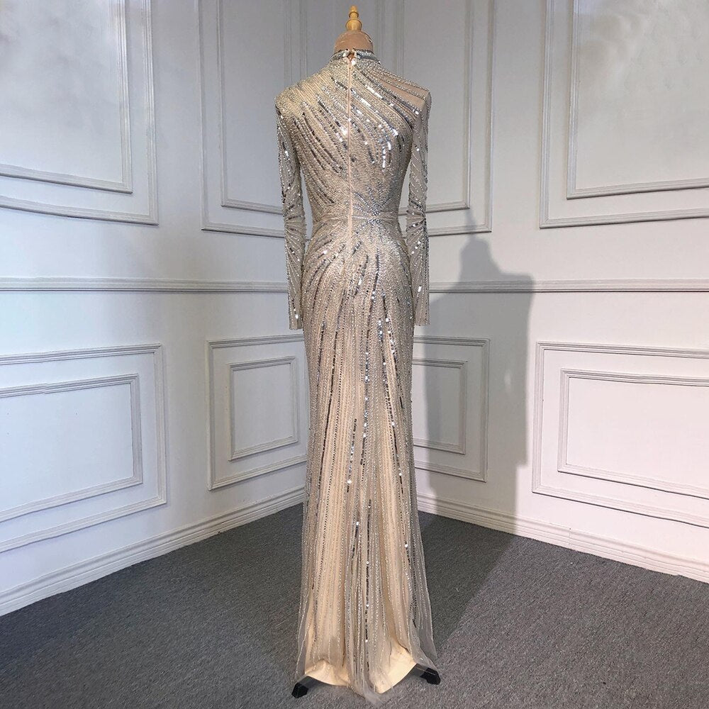 Serene Hill Muslim Sliver Nude Elegant Mermaid High Neck Evening Dresses Gowns Beaded Luxury 2025 For Women Party LA71735 - SERENE HILL