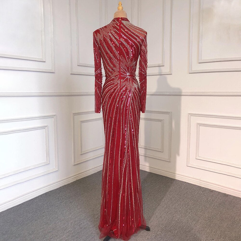 Serene Hill Muslim Sliver Nude Elegant Mermaid High Neck Evening Dresses Gowns Beaded Luxury 2025 For Women Party LA71735 - SERENE HILL