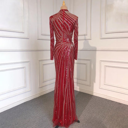 Serene Hill Muslim Sliver Nude Elegant Mermaid High Neck Evening Dresses Gowns Beaded Luxury 2025 For Women Party LA71735 - SERENE HILL