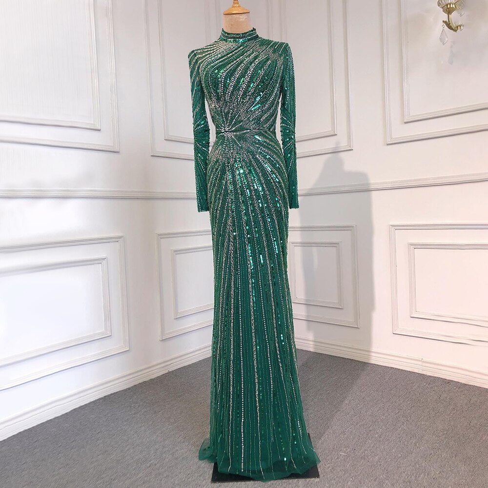 Serene Hill Muslim Sliver Nude Elegant Mermaid High Neck Evening Dresses Gowns Beaded Luxury 2025 For Women Party LA71735 - SERENE HILL