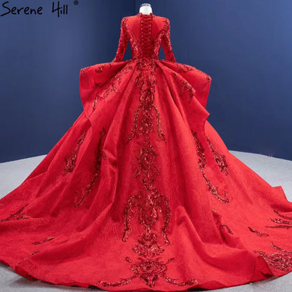 Serene Hill Muslim Sparkle Red Wedding Dresses 2025 Ruched Lace Luxury Bride Gowns HM67298 Custom Made - SERENE HILL