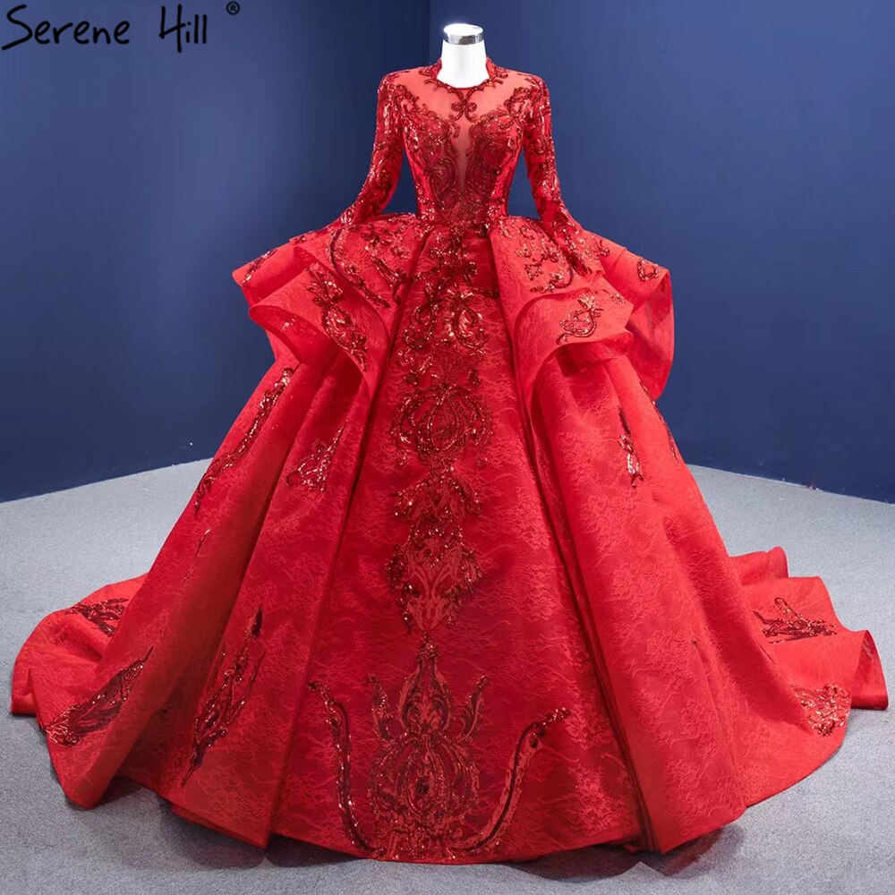 Serene Hill Muslim Sparkle Red Wedding Dresses 2025 Ruched Lace Luxury Bride Gowns HM67298 Custom Made - SERENE HILL