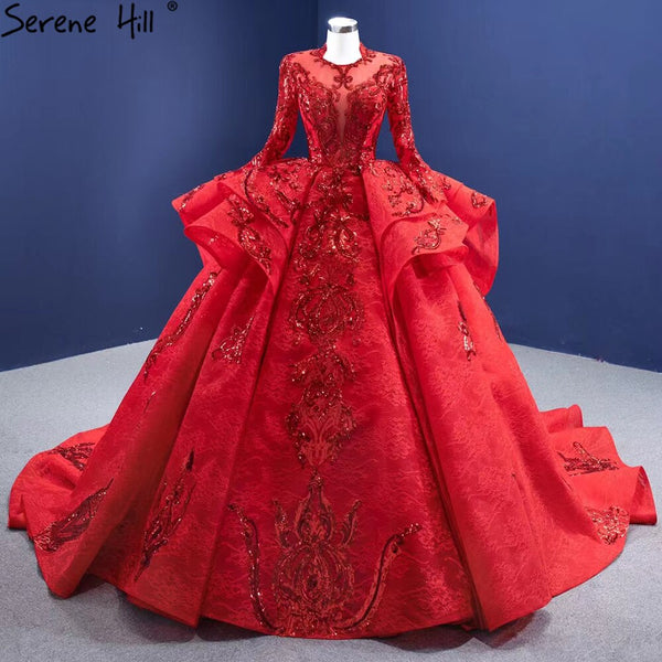 Serene Hill Muslim Sparkle Red Wedding Dresses 2025 Ruched Lace Luxury Bride Gowns HM67298 Custom Made