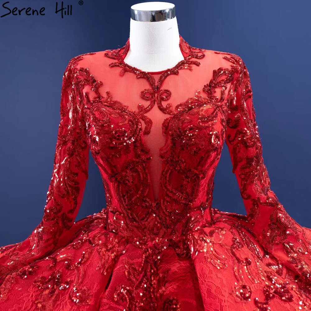 Serene Hill Muslim Sparkle Red Wedding Dresses 2025 Ruched Lace Luxury Bride Gowns HM67298 Custom Made - SERENE HILL