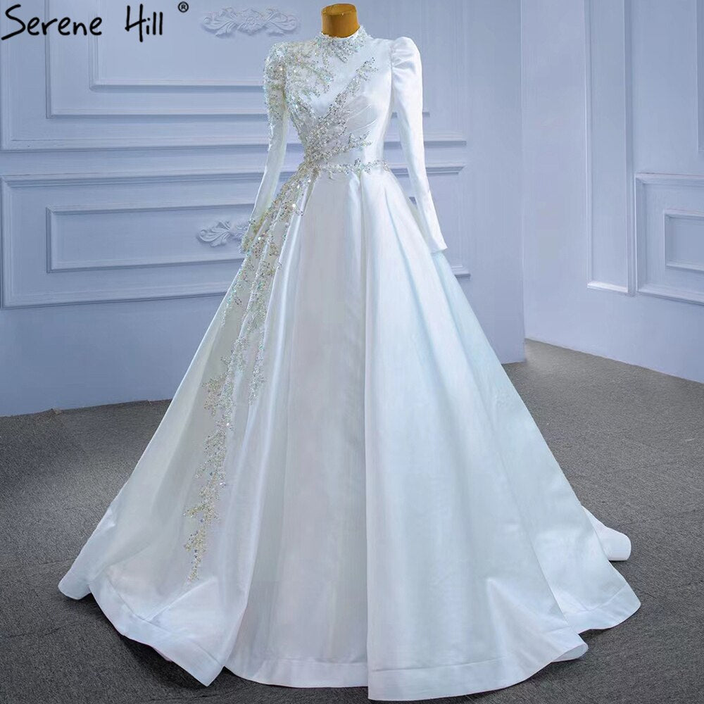 Serene Hill Muslim White A-Line Wedding Dresses 2025 Beaded High-end Satin Bride Gowns HM67396 Custom Made - SERENE HILL