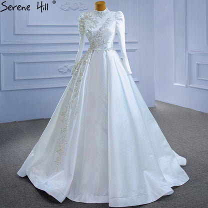 Serene Hill Muslim White A-Line Wedding Dresses 2025 Beaded High-end Satin Bride Gowns HM67396 Custom Made - SERENE HILL