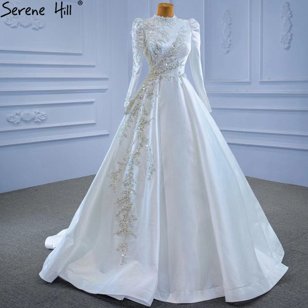 Serene Hill Muslim White A-Line Wedding Dresses 2025 Beaded High-end White / 8