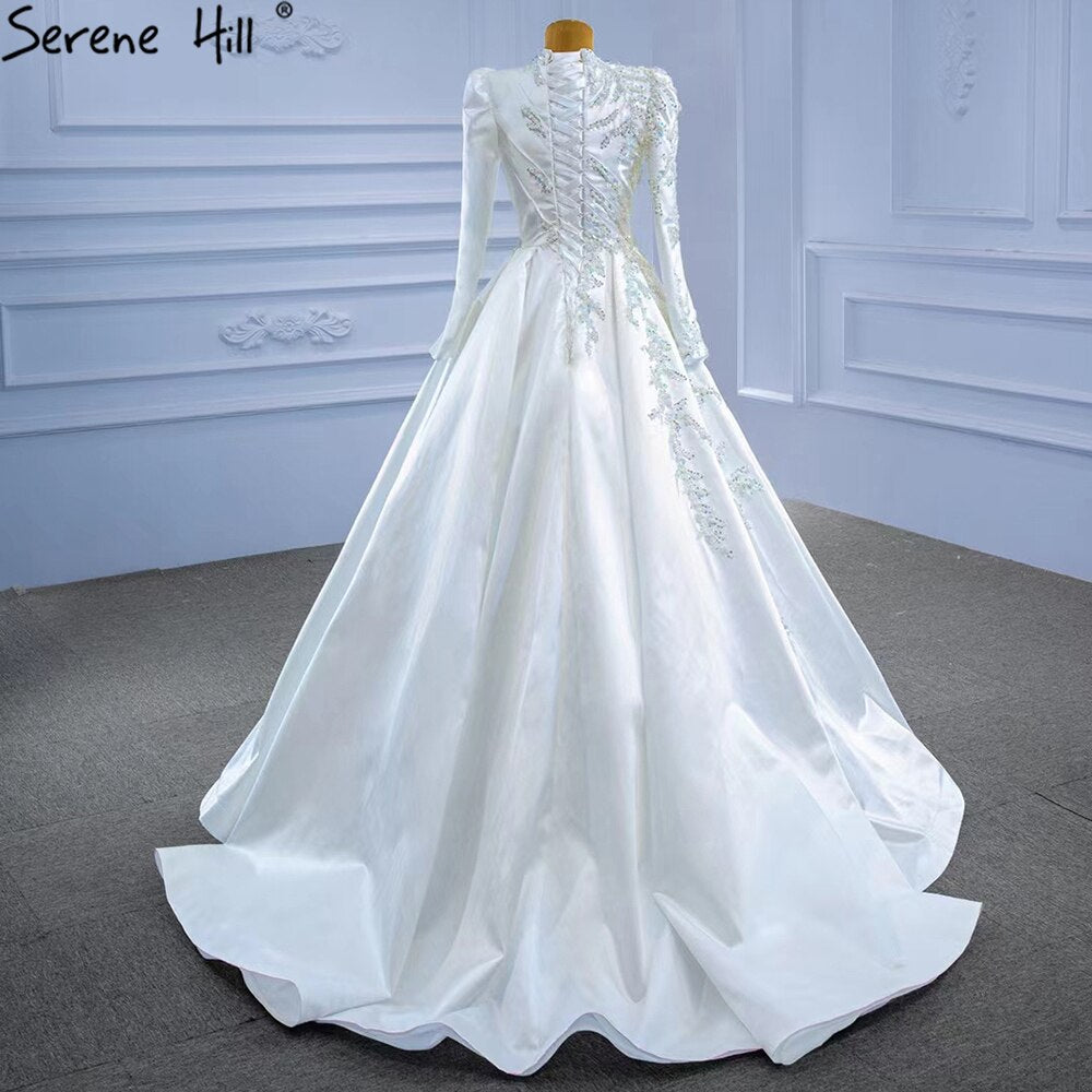 Serene Hill Muslim White A-Line Wedding Dresses 2025 Beaded High-end Satin Bride Gowns HM67396 Custom Made - SERENE HILL