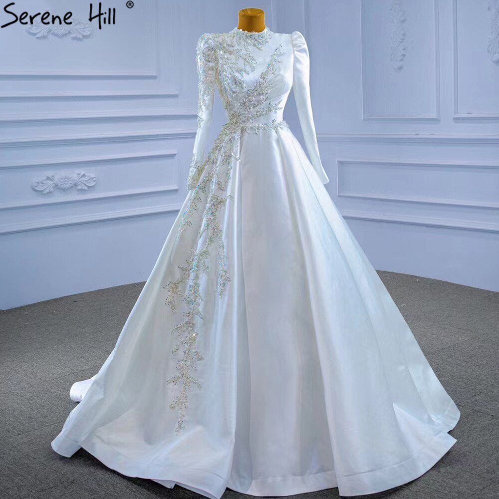 Serene Hill Muslim White A-Line Wedding Dresses 2025 Beaded High-end White / 8