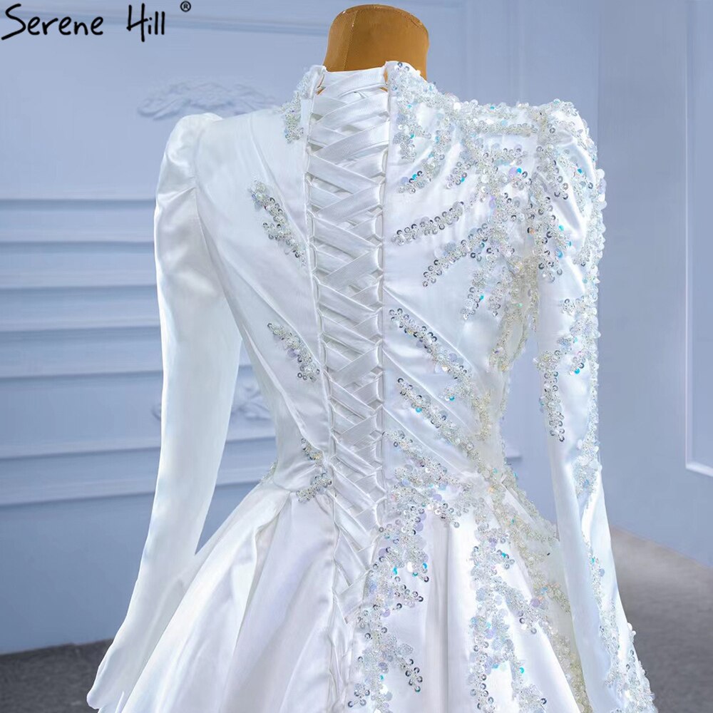 Serene Hill Muslim White A-Line Wedding Dresses 2025 Beaded High-end Satin Bride Gowns HM67396 Custom Made - SERENE HILL